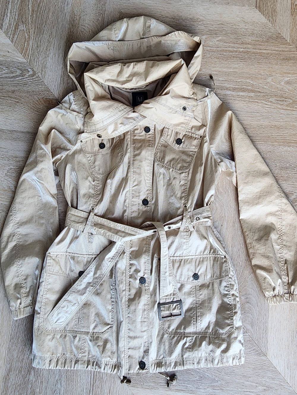 Like NEW - Nice Shimmery M Collection Beige Lightweight Rain Coat with Hood